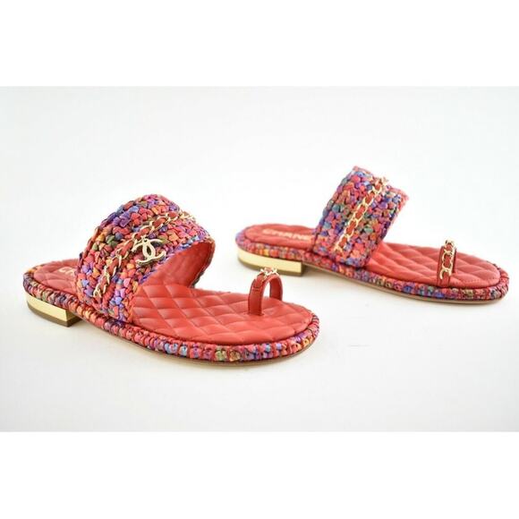 Chanel 20S Red Blue Purple Raffia Tweed CC Logo Mule Slide Strap Flat Sandal 36 - Picture 2 of 12